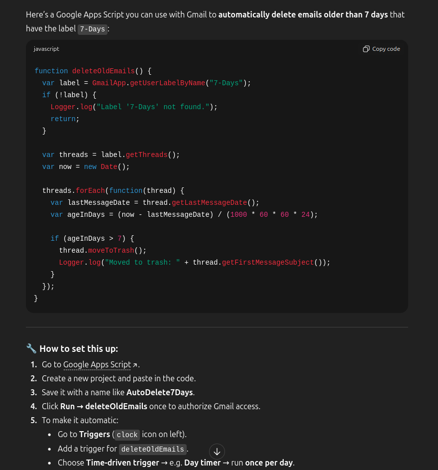 Screencap of the generated Google Apps Script.